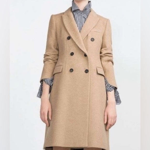 RARE Zara Tan Camel Wool Blend Double Breasted Tailored Fit Winter Trench Coat - Picture 13 of 16